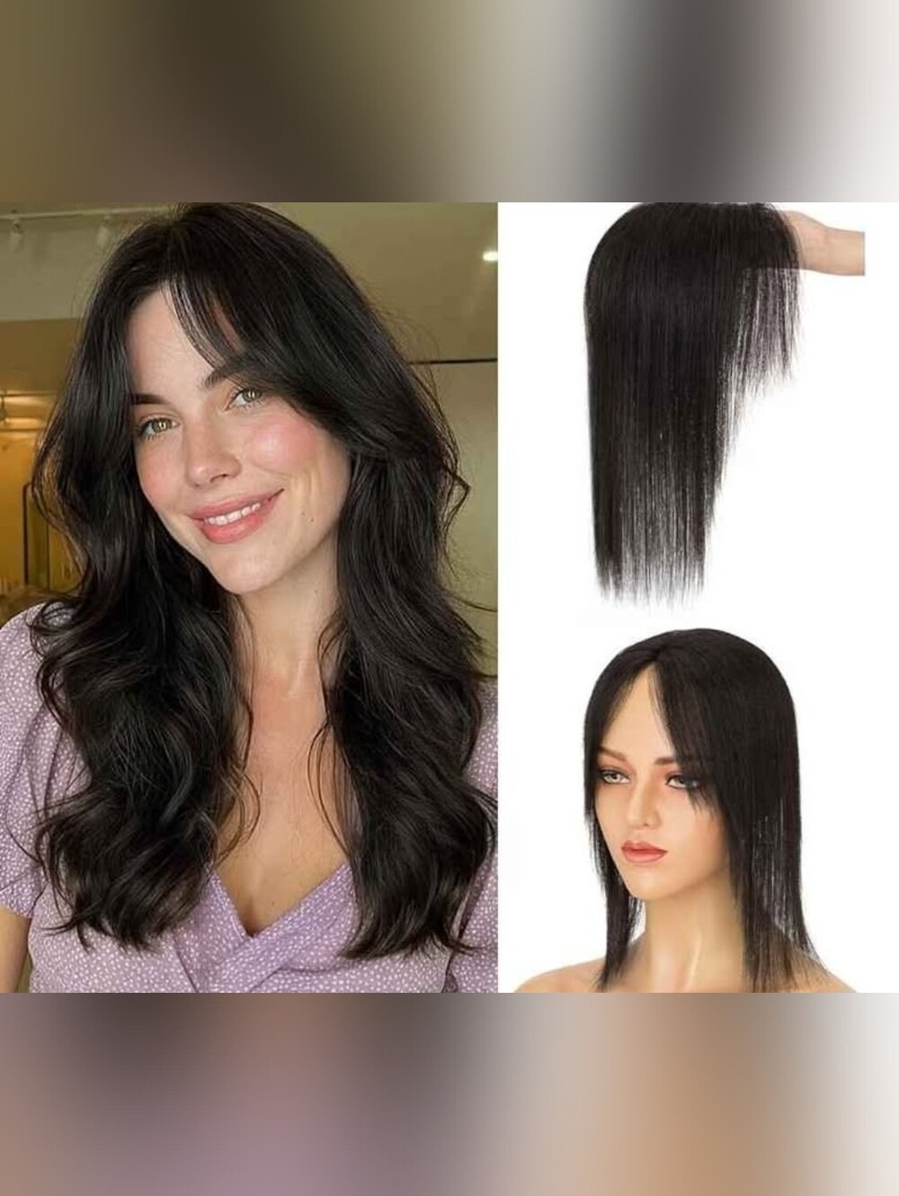 Human Hair Clip In Topper w/ Air Bangs 360° Coverage 3.5"×4.7" 3D Lace Base 12"